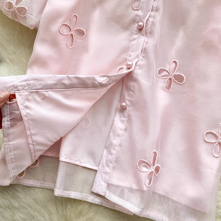 Elea Embellished Collar Top In Pink - close-up of hem detail - Miss Mosa By Akanksha