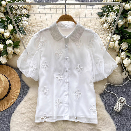 Elea Embellished Collar Top In White - flat-lay product shot on hanger - Miss Mosa By Akanksha