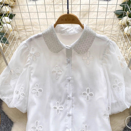 Elea Embellished Collar Top In White - close-up shot of collar and floral embroidery detail - Miss Mosa By Akanksha