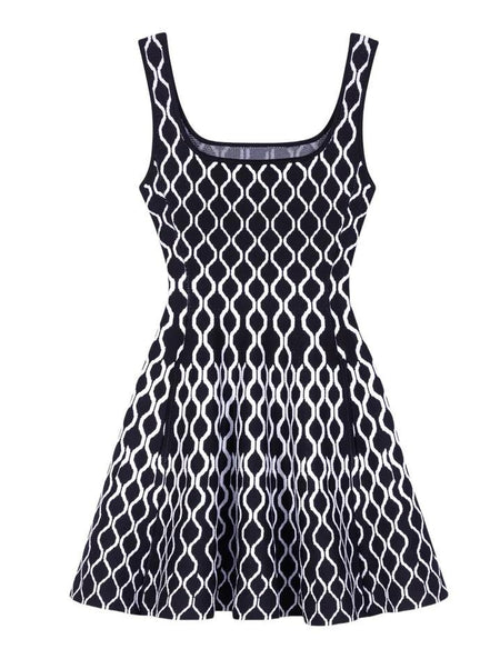 Elegant Luxe Short Knit Dress - front shot on hanger, black and white - Miss Mosa By Akanksha