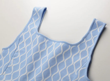 Elegant Luxe Short Knit Dress - close-up of neckline, light blue - Miss Mosa By Akanksha