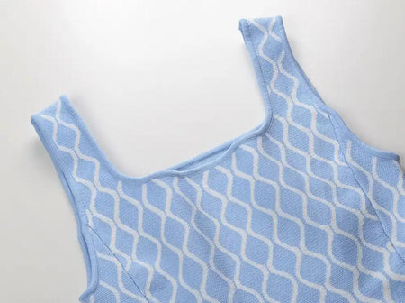 Elegant Luxe Short Knit Dress - close-up of neckline, light blue - Miss Mosa By Akanksha
