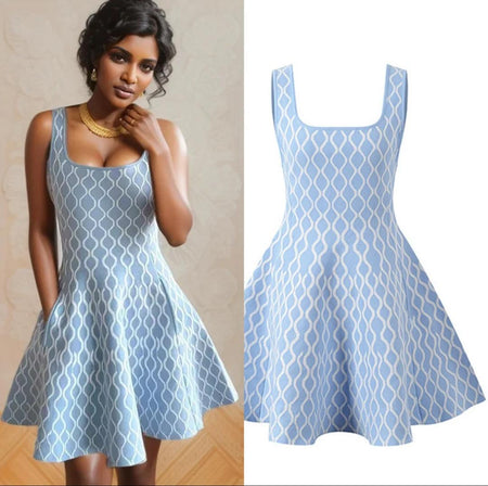 Elegant Luxe Short Knit Dress - front shot on model and hanger, light blue - Miss Mosa By Akanksha
