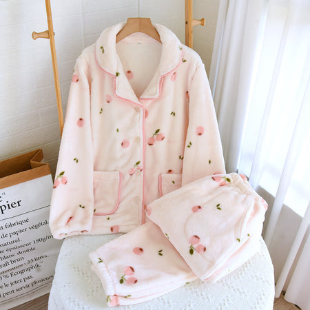 Elena Cherry Fleece Nightsuit In Peach - flat-lay product shot on hanger - Miss Mosa By Akanksha