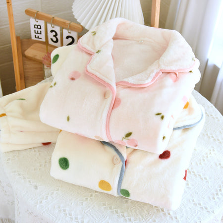 Elena Cherry Fleece Nightsuit In Peach - flat-lay product shot of folded set - Miss Mosa By Akanksha