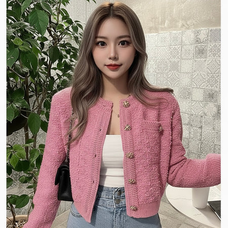 Elena Cropped Button Down Cardigan - front shot on model, pink - Miss Mosa By Akanksha