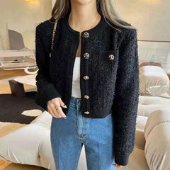 Elena Cropped Button Down Cardigan - front shot on model, black - Miss Mosa By Akanksha
