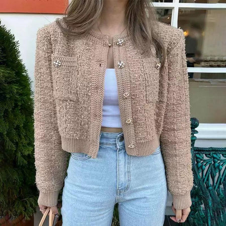 Elena Cropped Button Down Cardigan - front shot on model, beige - Miss Mosa By Akanksha