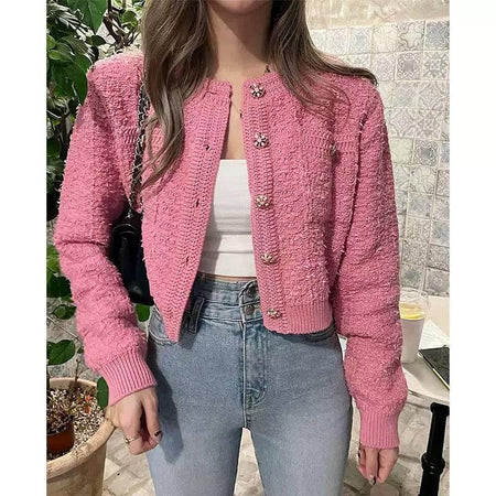 Elena Cropped Button Down Cardigan - front shot on model, pink - Miss Mosa By Akanksha