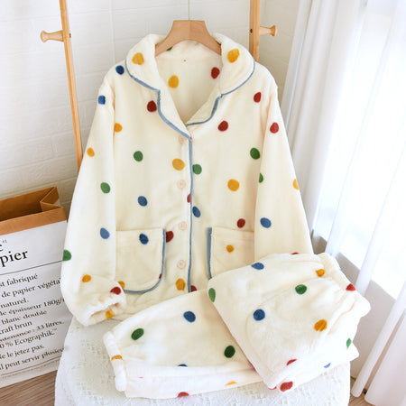 Elena Polka Fleece Nightsuit In Cream - flat-lay product shot on hanger - Miss Mosa By Akanksha