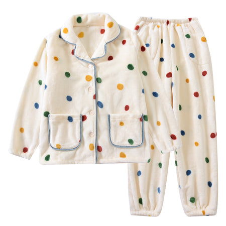 Elena Polka Fleece Nightsuit In Cream - flat-lay product shot of full set - Miss Mosa By Akanksha