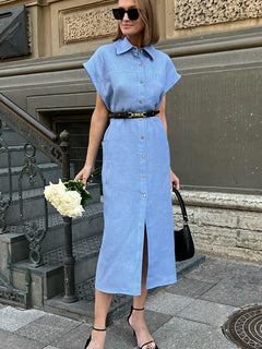 Elena Shirt Midi Dress With Belt - full-length shot, light blue - Miss Mosa By Akanksha