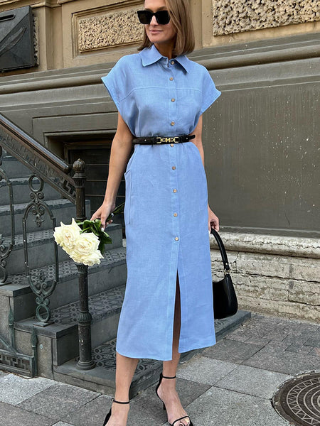 Elena Shirt Midi Dress With Belt - full-length shot, light blue - Miss Mosa By Akanksha