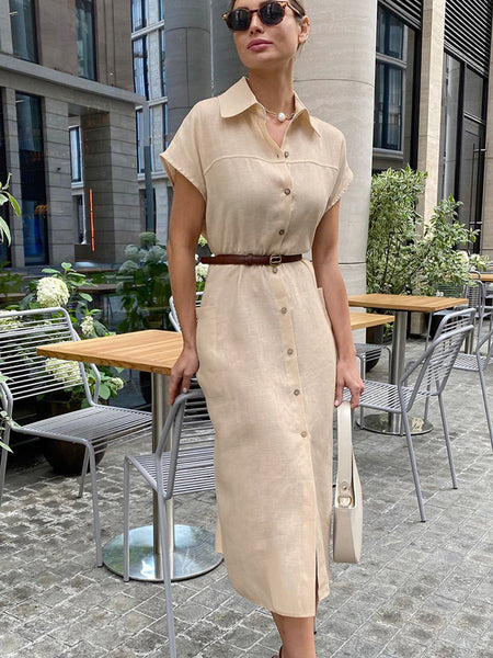 Elena Shirt Midi Dress With Belt - full-length shot, beige - Miss Mosa By Akanksha