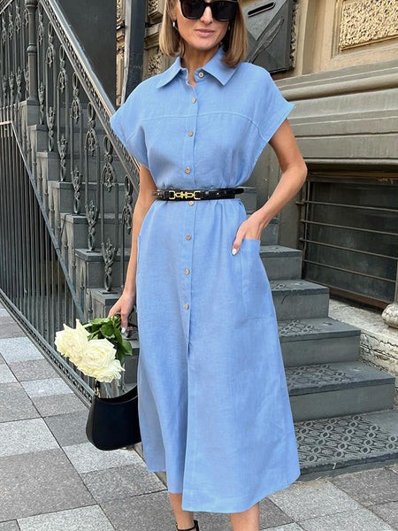 Elena Shirt Midi Dress With Belt - front shot, light blue - Miss Mosa By Akanksha