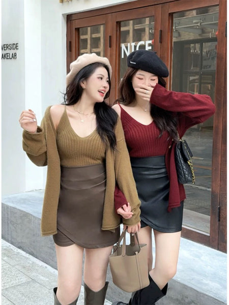 Elena Statement Woolen Tops with Cape Style Sweater - front shot on two models outdoors, khaki and red - Miss Mosa By Akanksha