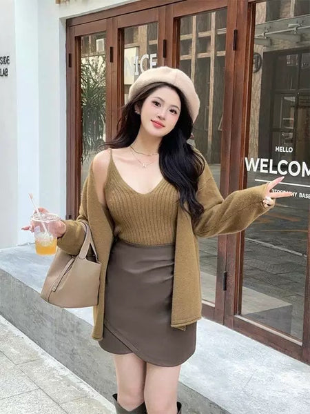 Elena Statement Woolen Tops with Cape Style Sweater - full-length front shot on model outdoors, khaki - Miss Mosa By Akanksha