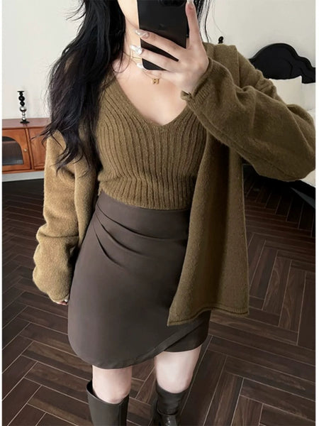 Elena Statement Woolen Tops with Cape Style Sweater - front shot on model mirror selfie, khaki - Miss Mosa By Akanksha