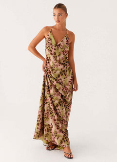 Eleni Halterneck Printed Maxi Dress - full-length front shot, green, pink and brown leopard print - Miss Mosa By Akanksha