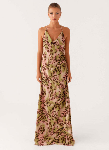 Eleni Halterneck Printed Maxi Dress - front shot, green, pink and brown leopard print - Miss Mosa By Akanksha