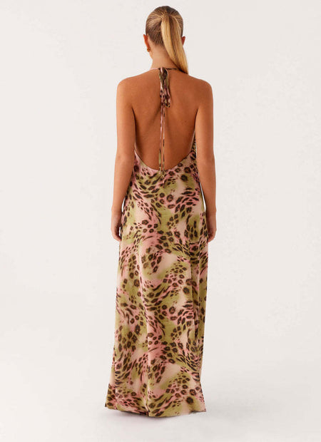 Eleni Halterneck Printed Maxi Dress - back shot, green, pink and brown leopard print - Miss Mosa By Akanksha