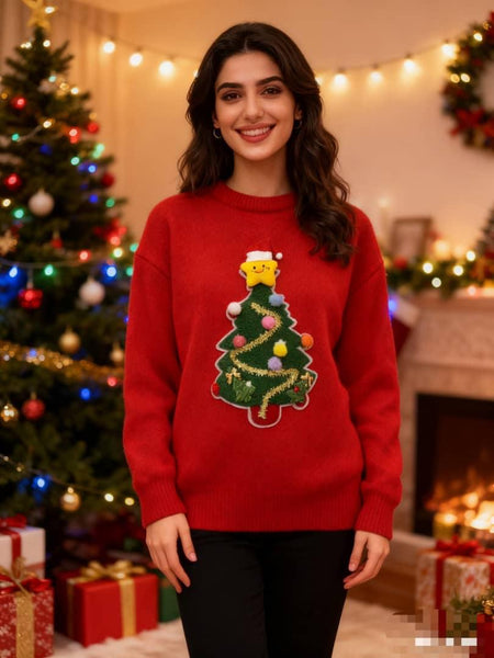 Elfie Tree Christmasy Sweater - front shot on model, red - Miss Mosa By Akanksha