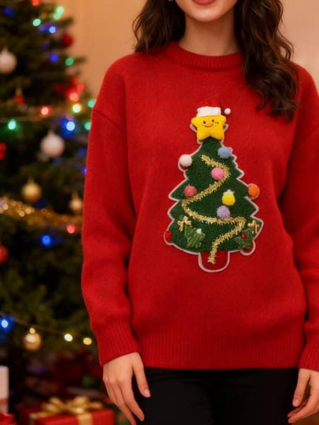 Elfie Tree Christmasy Sweater - front shot on model, red - Miss Mosa By Akanksha