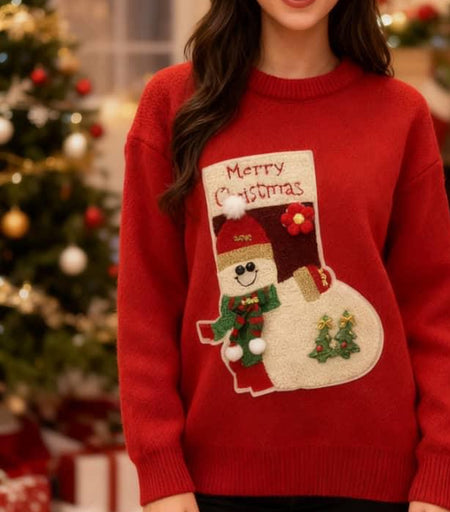 Elfie Xmas Christmasy Sweater - front shot on model, red - Miss Mosa By Akanksha