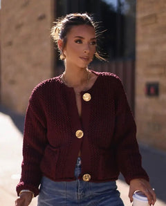 Elian Woolen Buttoned Cardigan - front shot on model, burgundy - Miss Mosa By Akanksha