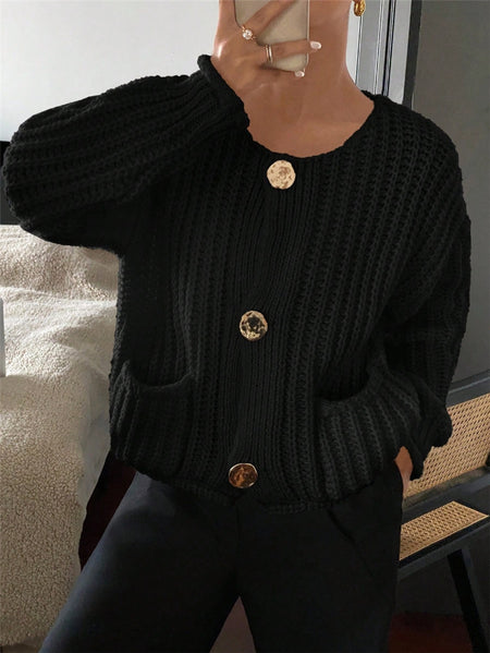 Elian Woolen Buttoned Cardigan - front shot on model, black - Miss Mosa By Akanksha