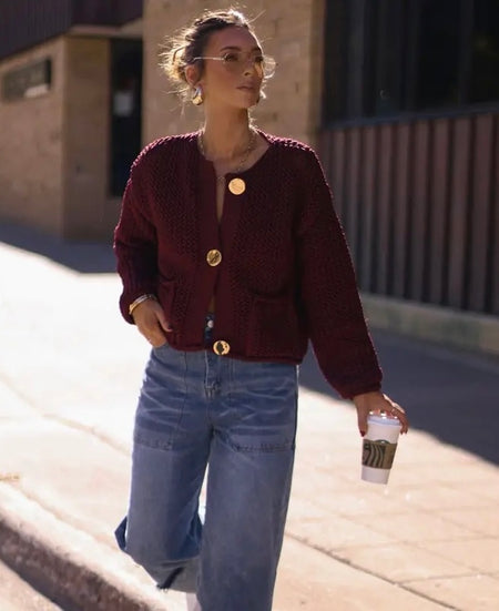 Elian Woolen Buttoned Cardigan - front shot on model, burgundy - Miss Mosa By Akanksha