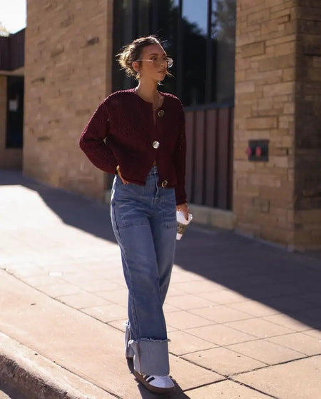 Elian Woolen Buttoned Cardigan - full-length shot on model, burgundy - Miss Mosa By Akanksha