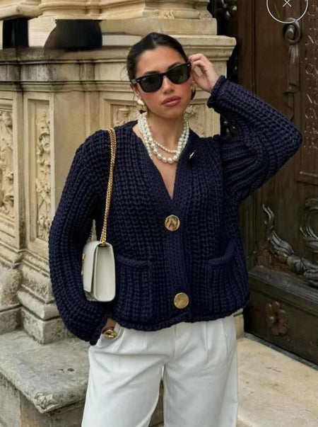 Elian Woolen Buttoned Cardigan - front shot on model, navy blue - Miss Mosa By Akanksha