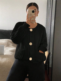 Elian Woolen Buttoned Cardigan - front shot on model, black - Miss Mosa By Akanksha