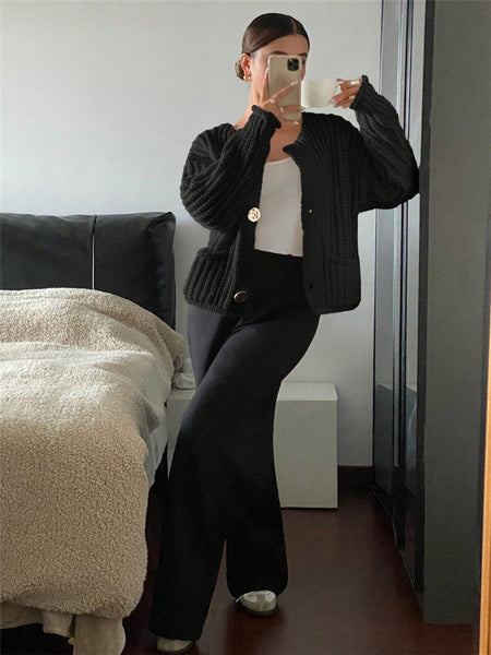 Elian Woolen Buttoned Cardigan - front shot on model, black - Miss Mosa By Akanksha