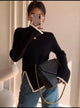 Eliana Woolen Sweater - front shot on model with bag, black and cream - Miss Mosa By Akanksha
