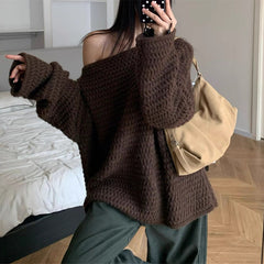 Elisa Luxe Sweater With Belt - off-shoulder front shot, dark brown - Miss Mosa By Akanksha