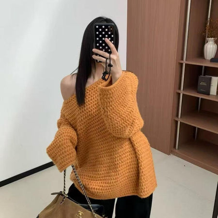 Elisa Luxe Sweater With Belt - off-shoulder front shot, orange - Miss Mosa By Akanksha