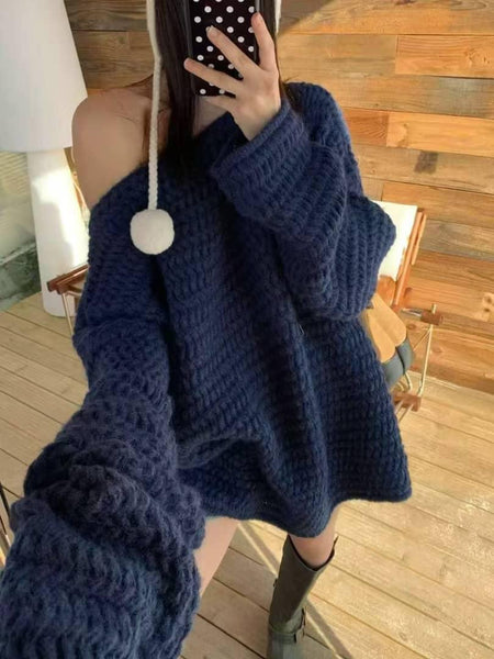 Elisa Luxe Sweater With Belt - off-shoulder three-quarter shot, navy blue - Miss Mosa By Akanksha