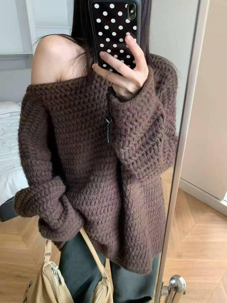 Elisa Luxe Sweater With Belt - off-shoulder front shot, dark brown - Miss Mosa By Akanksha