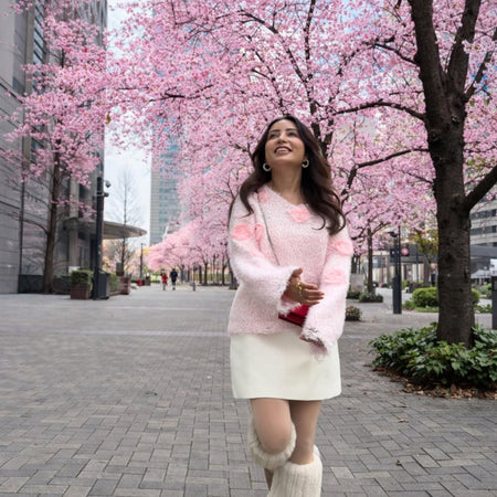 Elisabetta Floral Sweater - front shot on standing model, pink - Miss Mosa By Akanksha