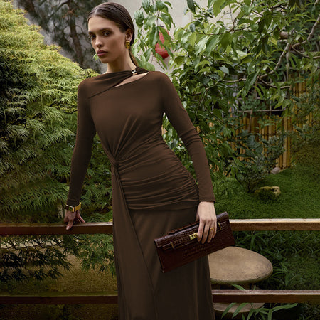 Elise Statement Bodycon Maxi Dress - front shot on model, brown - Miss Mosa By Akanksha