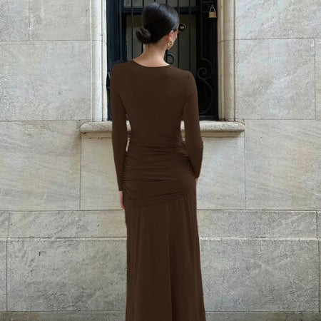 Elise Statement Bodycon Maxi Dress - back shot on model, brown - Miss Mosa By Akanksha