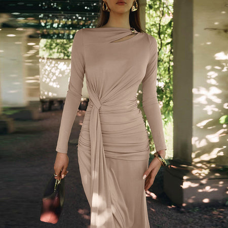 Elise Statement Bodycon Maxi Dress - front shot on model, blush pink - Miss Mosa By Akanksha