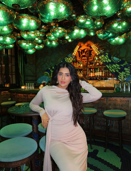 Elise Statement Bodycon Maxi Dress - front shot on model, blush pink - Miss Mosa By Akanksha