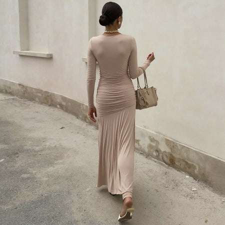Elise Statement Bodycon Maxi Dress - back shot on model, blush pink - Miss Mosa By Akanksha