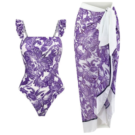 Eliska Swimsuit With Sarong Skirt - flat-lay shot of swimsuit and sarong, purple and white - Miss Mosa By Akanksha