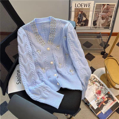 Ella Embellished Luxe Sweater - styled flat-lay shot, blue - Miss Mosa By Akanksha