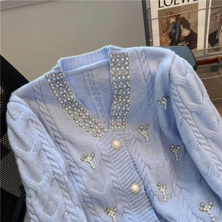 Ella Embellished Luxe Sweater - close-up of pearl neckline, blue - Miss Mosa By Akanksha