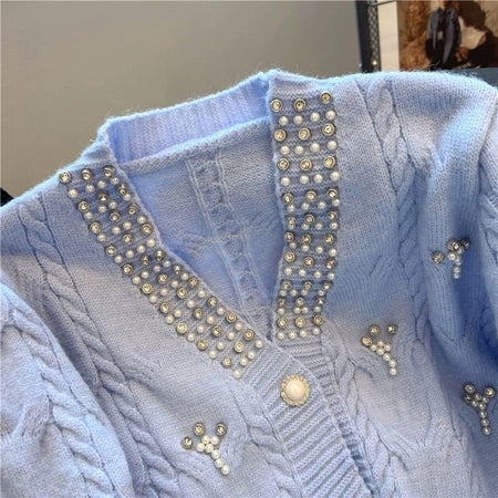 Ella Embellished Luxe Sweater - close-up of beaded collar, blue - Miss Mosa By Akanksha
